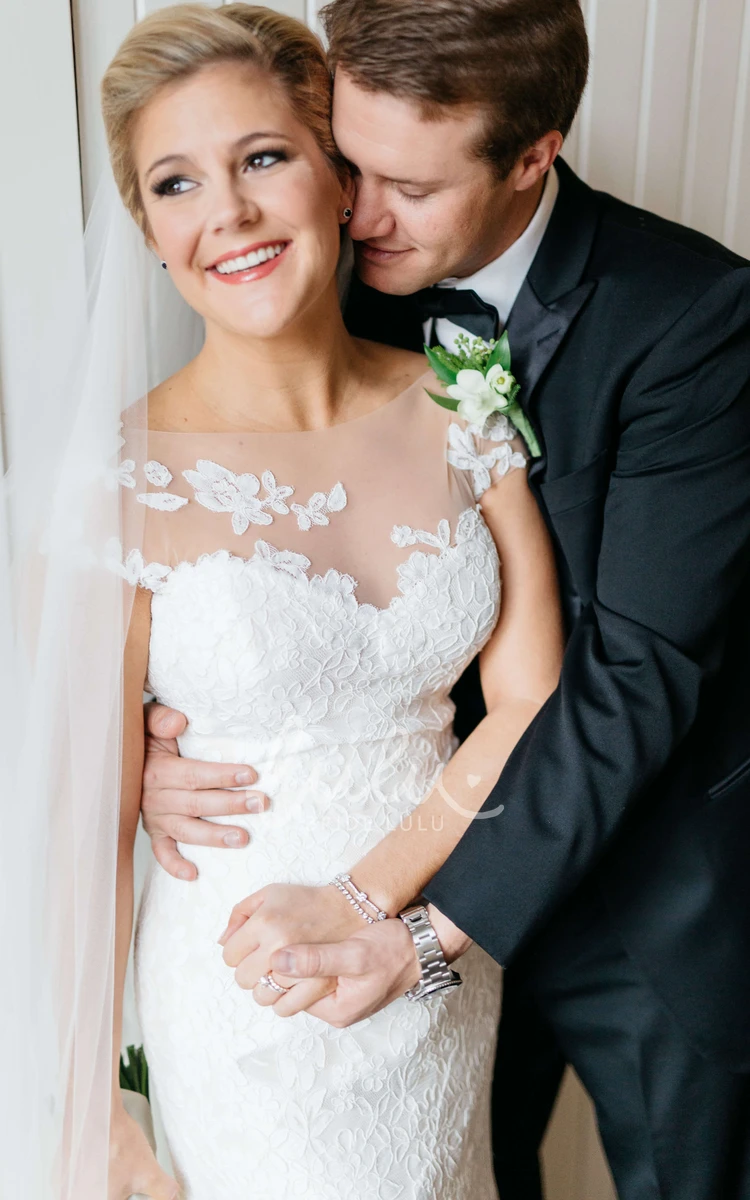 Mermaid Bateau Gown with Empire Waist and Lace Cap Sleeves Floral Appliques Unique Wedding Dress