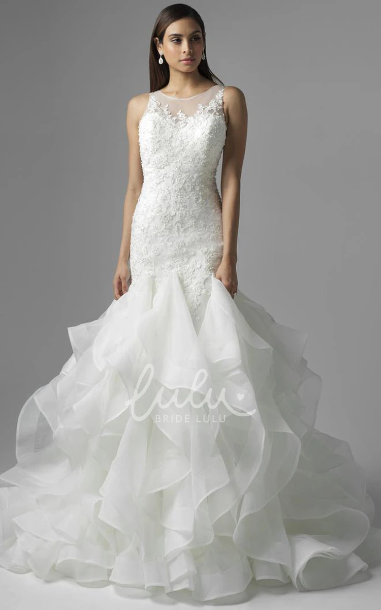 Scoop Appliqued Lace Wedding Dress with Court Train and Illusion Classy Lace Wedding Dress
