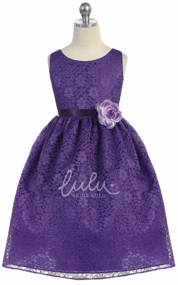 Floral Tea-Length Flower Girl Dress with Tiered Lace