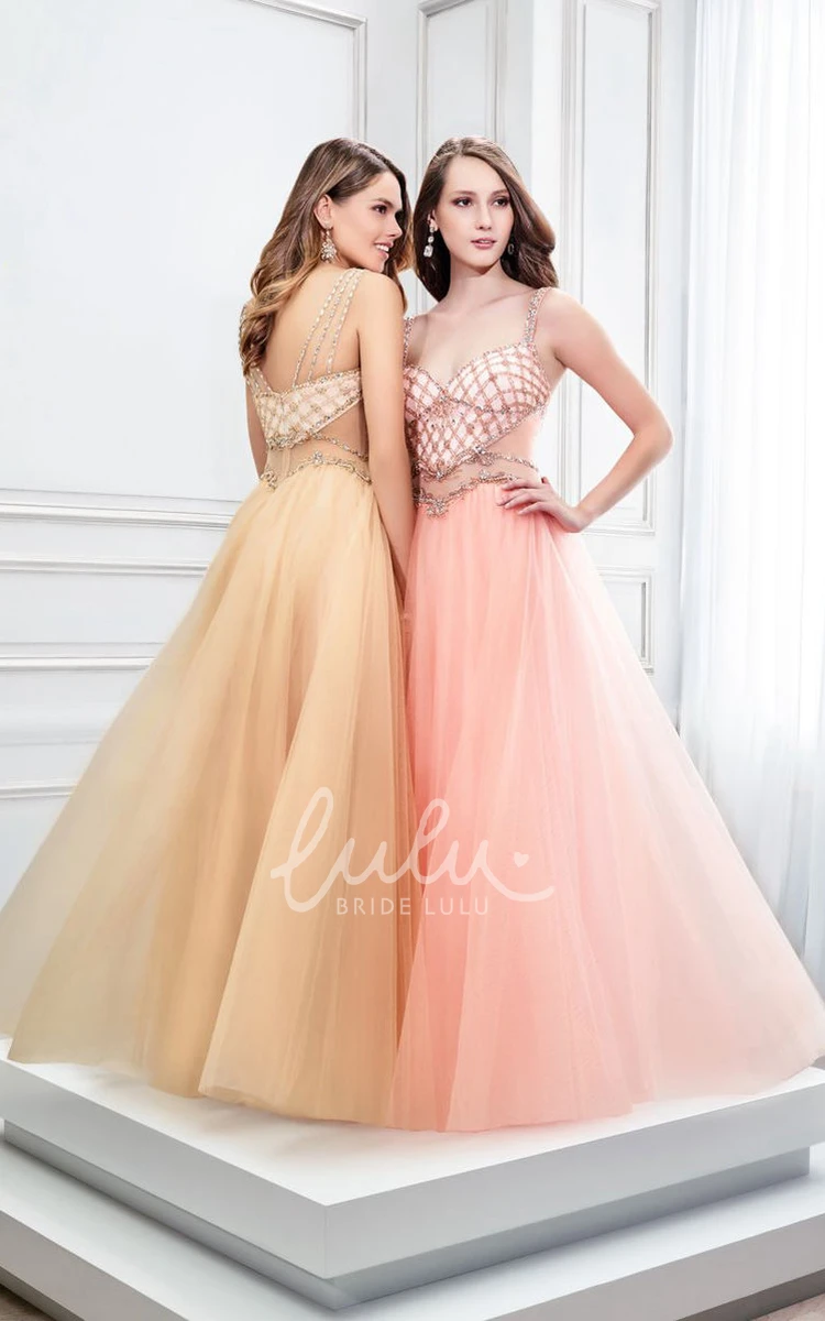 A-Line Tulle Prom Dress with Beaded Straps and Low-V Back