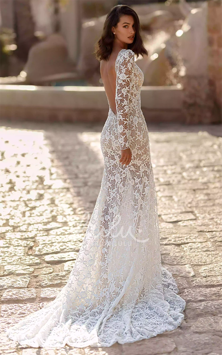 Bohemian Lace Sheath Beach Wedding Dress with Plunging Neckline and Open Back