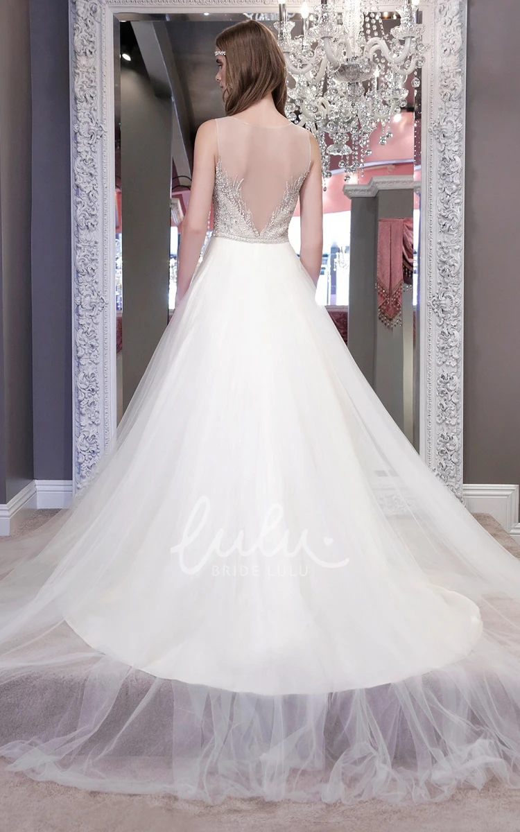 Jewel-Neck Sleeveless Tulle Wedding Dress with Crystal Detailing