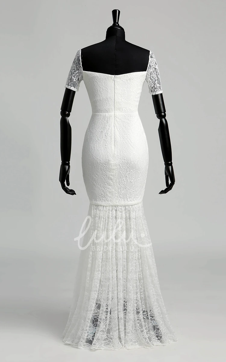 Lace Mermaid Wedding Dress with Off-the-shoulder Neckline Illusion Short Sleeves and Pleated Skirt