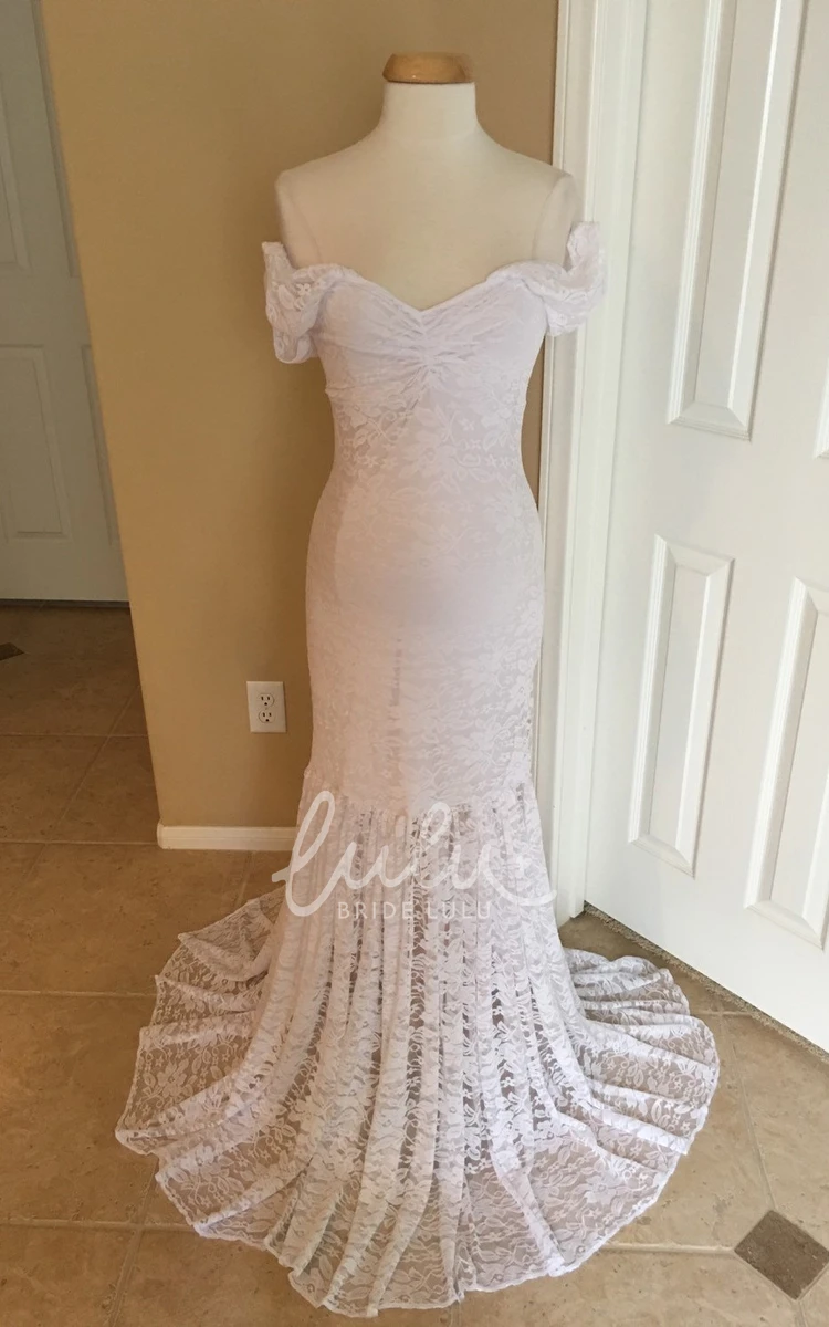 Mermaid Lace Off-the-shoulder Ruched Maternity Wedding Dress Short Sleeve Pleated