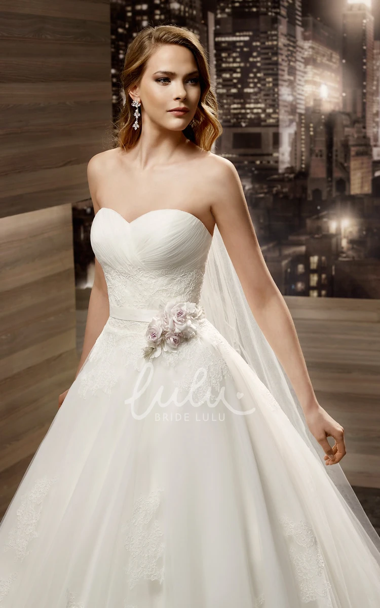 Open-Back A-Line Wedding Dress with Flower Waist and Brush Train