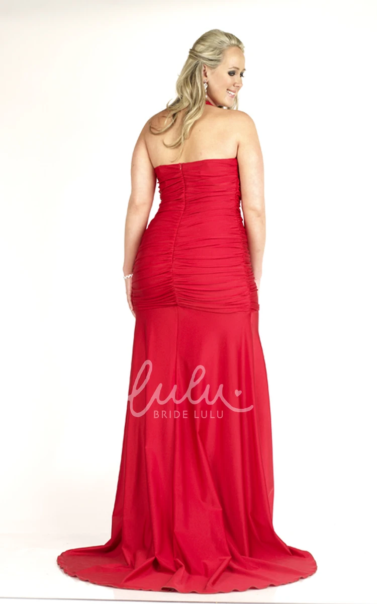 Halter Sleeveless Jersey Sheath Formal Dress with Ruching and Broach Sweep Train