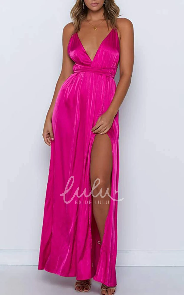 Romantic Satin V-neck A-line Guest Dress with Ruffles and Split Front Formal Dress