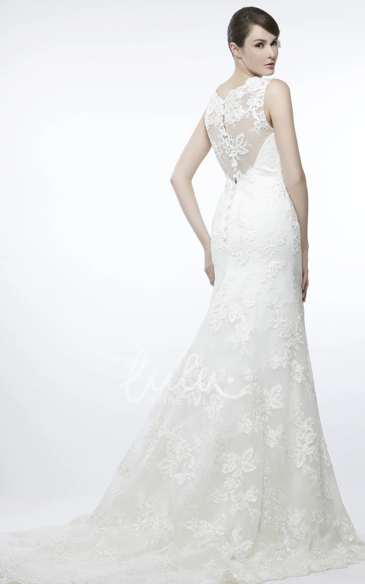 Lace Illusion Back Sheath Wedding Dress with Appliques and Court Train