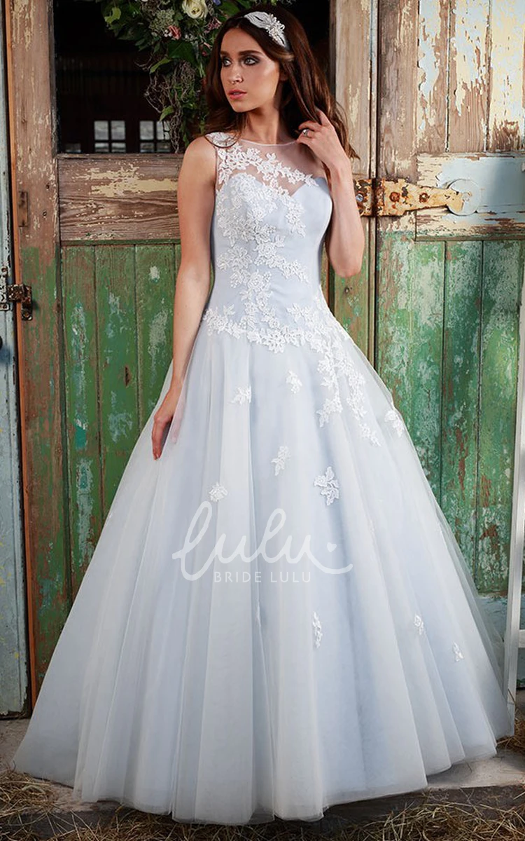 Appliqued Tulle Ball Gown Wedding Dress Sleeveless Scoop Neckline Floor-Length