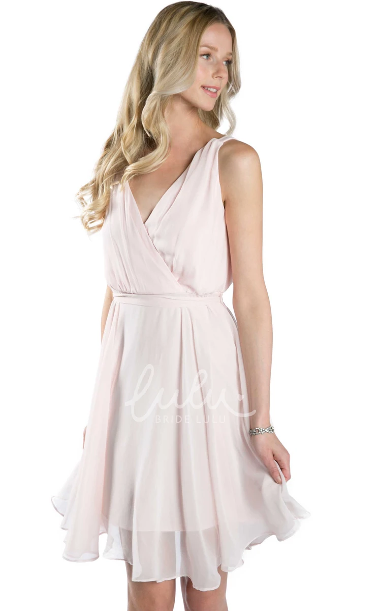 Draped Sleeveless Chiffon Multi-Color Bridesmaid Dress with Bow Mini V-Neck Style