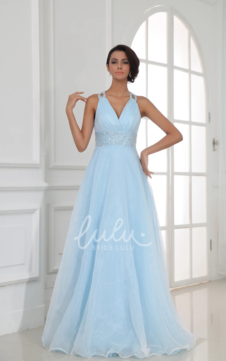 Halter V-Neck A-Line Formal Dress with Sequined Waist Flowy Beach Bridal Gown