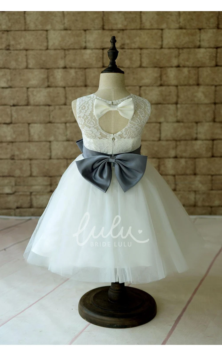 Ivory Lace Tulle Dress with Gray Sash Flower Girl Dress Wedding Dress