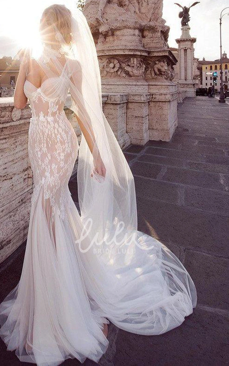 Illusion Tulle Wedding Dress with Cap Sleeves and Court Train