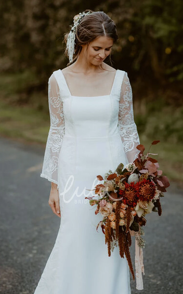 Bohemian 3/4 Sleeve Lace Wedding Dress with Court Train Sheath and Appliques