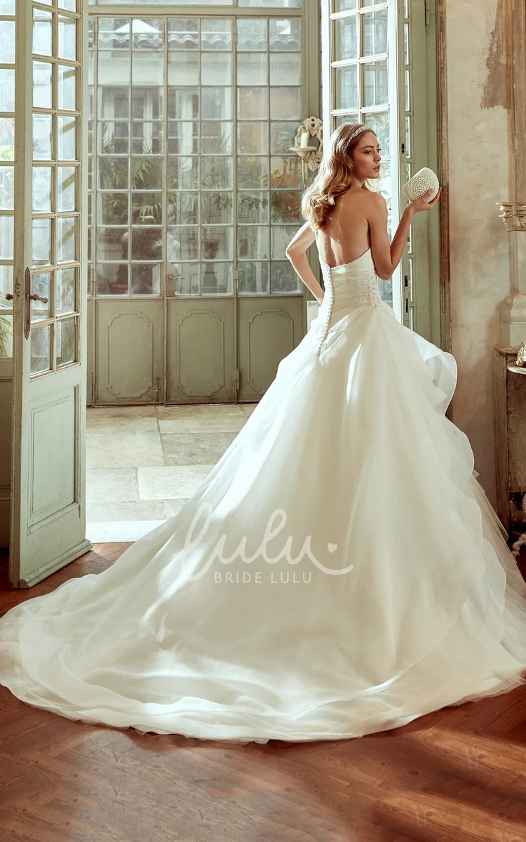 Ruched Skirt Strapless Wedding Dress with Brush Train and Side Draping