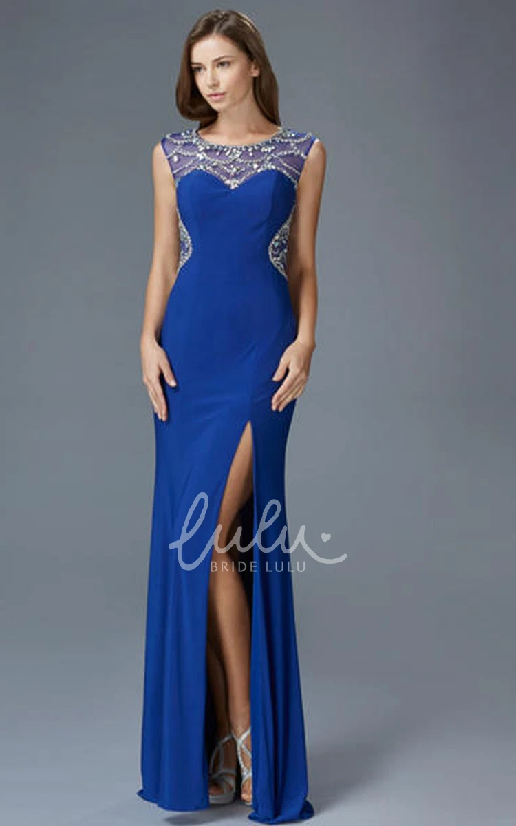 Sleeveless Sheath Jersey Illusion Dress with Beading Split Front and Scoop-Neck Bridesmaid Dress