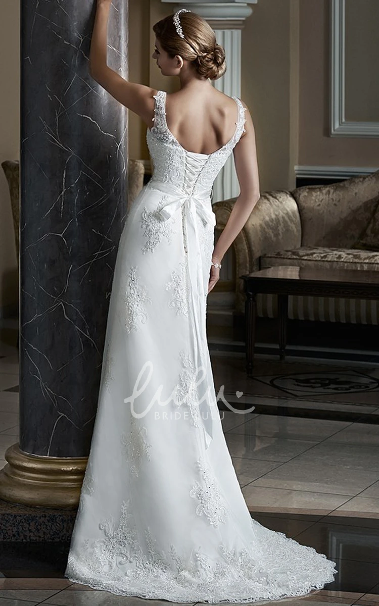 Sleeveless A-Line V-Neck Lace Wedding Dress with Appliques and Bow Elegant Wedding Dress