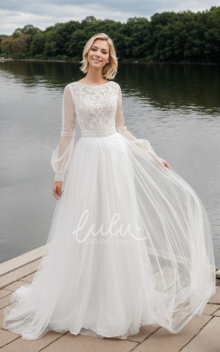Ethereal Lace Boho Wedding Dress with Long Sleeves A-line Bateau Square Bridal Gown
