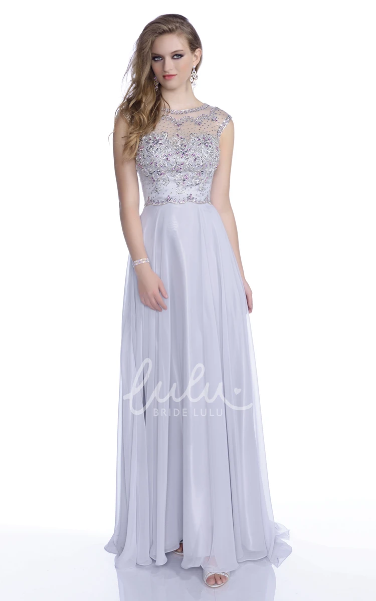 A-Line Chiffon Prom Dress with Shining Rhinestone Bodice and Cap Sleeves