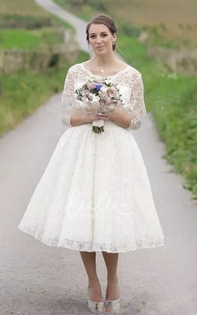 Vintage Tea-length Wedding Dress with Illusion Lace Sleeves and Buttons