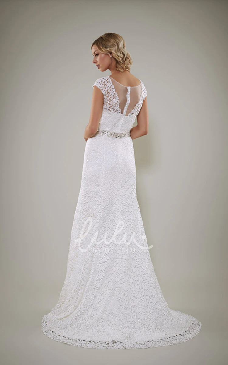 Jeweled Lace Sheath Wedding Dress with Cap Sleeves