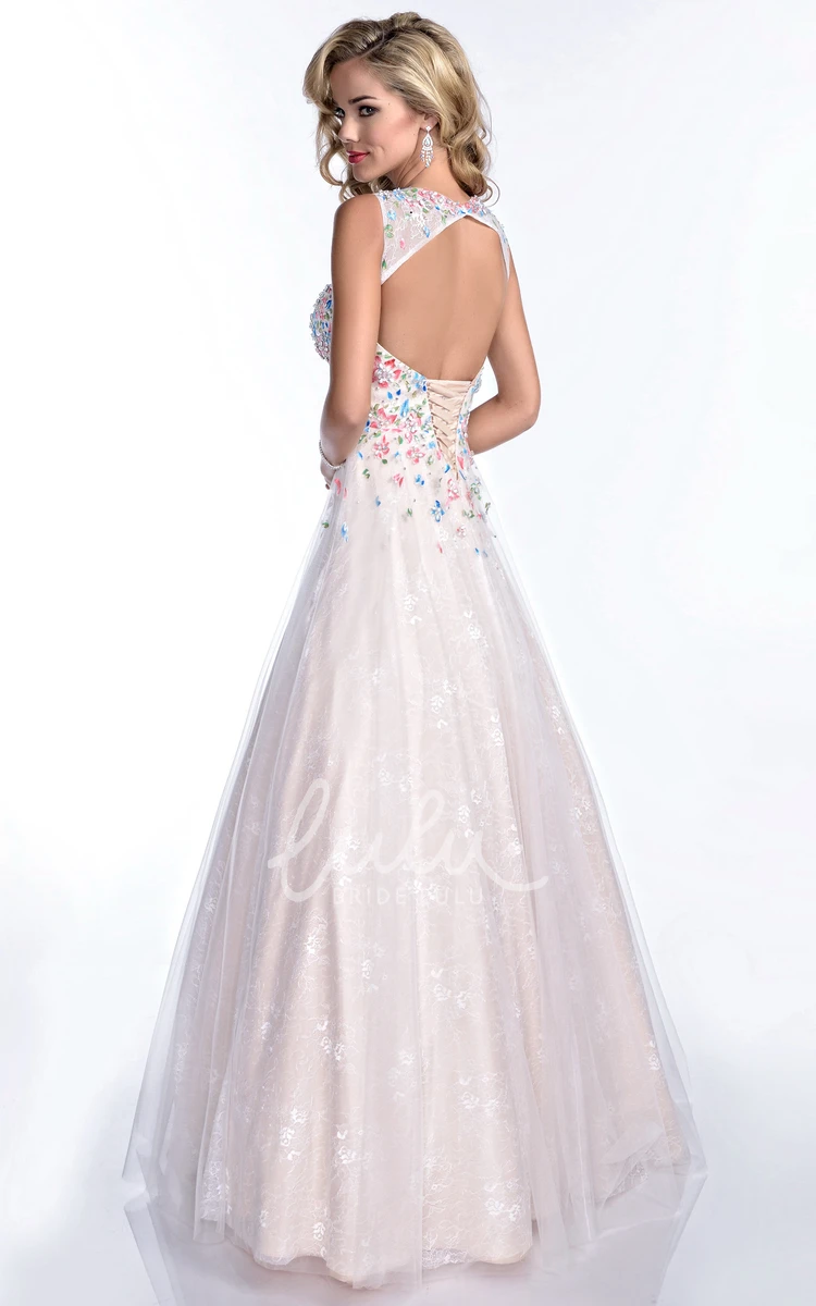 A-Line Lace Sleeveless Prom Dress with Keyhole Back and Jewels Elegant Formal Dress