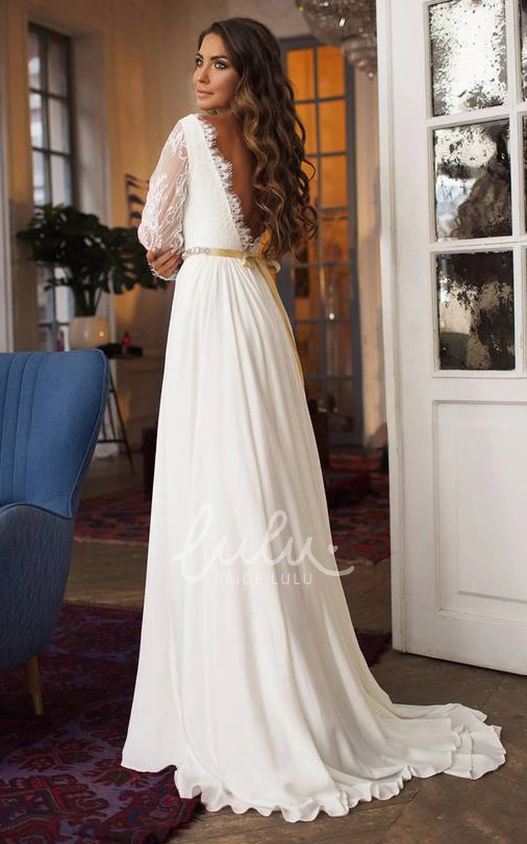 Modest A-Line Taffeta Lace Wedding Dress Long Sleeve Deep-V Back