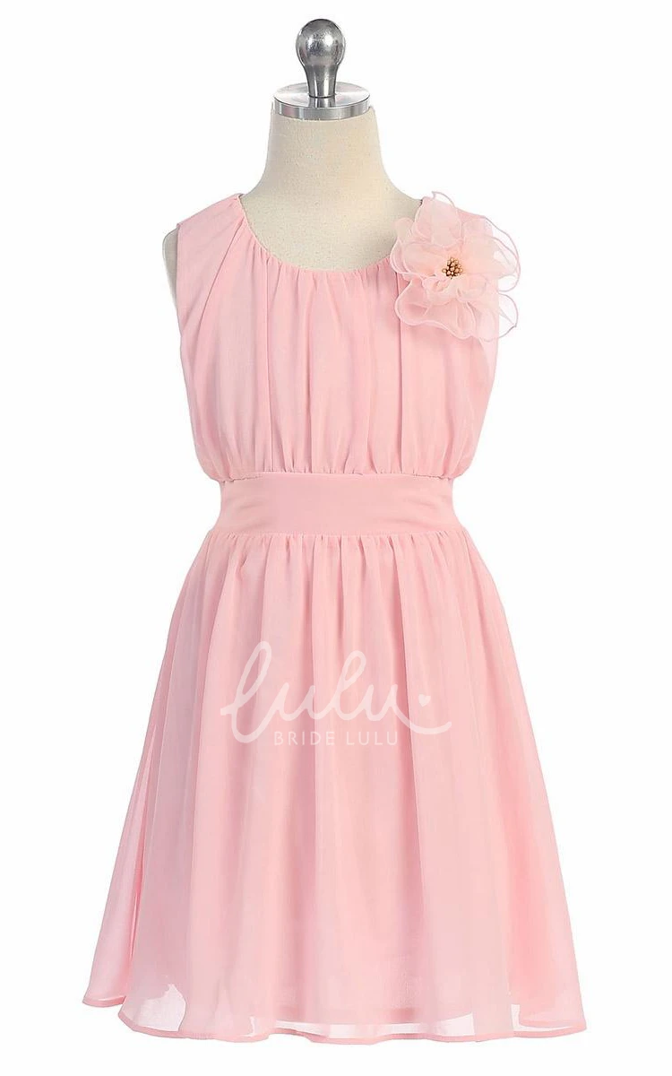 Pleated Chiffon and Lace Knee-Length Flower Girl Dress in Floral Design