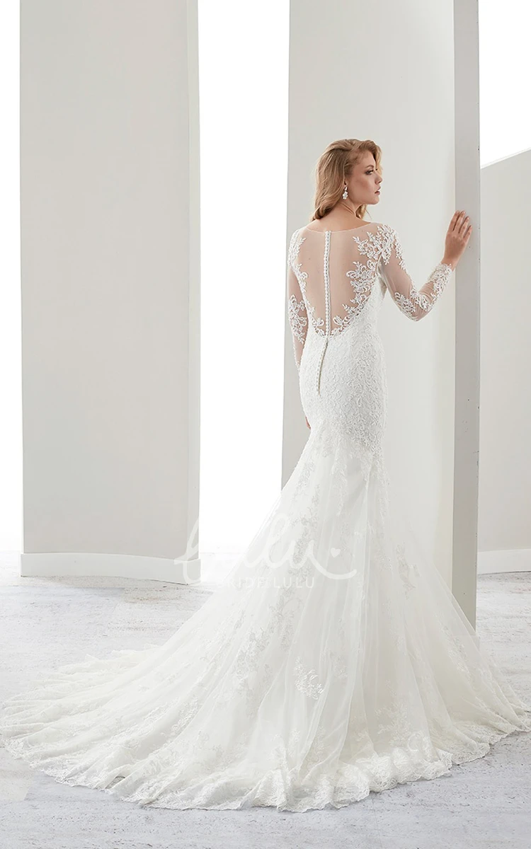 Jewel-Neck Lace Wedding Dress with Illusion Long Sleeves and Crush Train