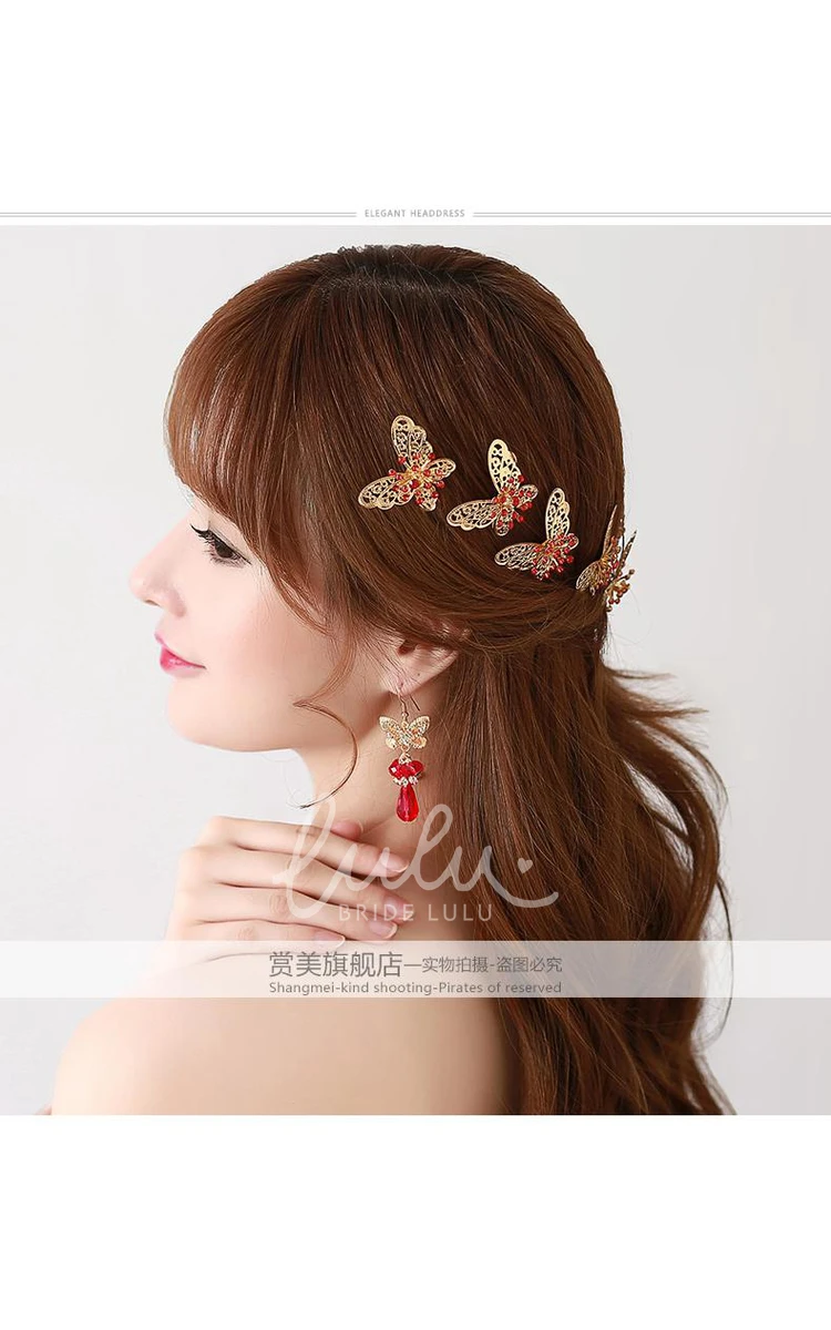 Chinese Cheongsam Wedding Hair Accessories Set with Red Hairpin U-Shaped Clip and Plate