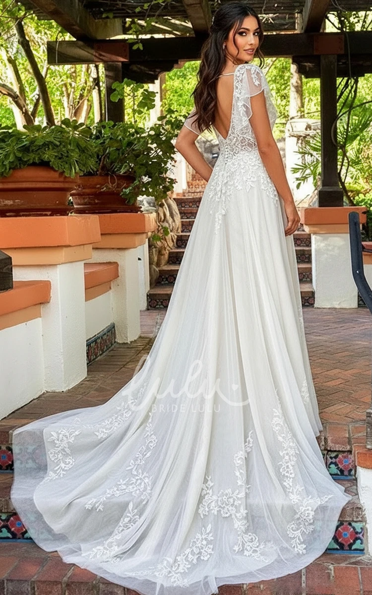 A Line Lace Boho Wedding Dress Flutter Sleeves V Neck Vintage Bridal Gown