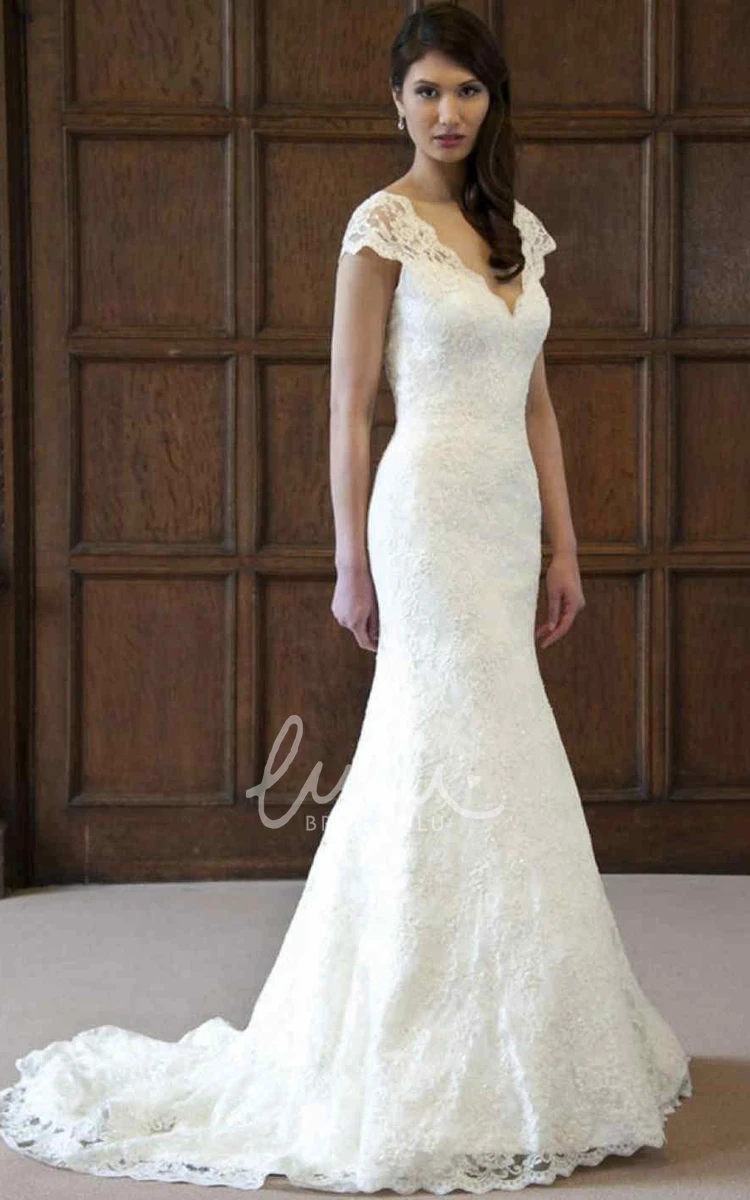 Lace Cap-Sleeve Mermaid Wedding Dress with Keyhole Elegant Bridal Gown