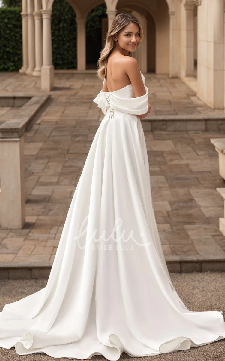 Sexy Summer A-Line Beach Garden Off-the-Shoulder Satin Wedding Dress Modern Solid Ruched Split Front Bridal Gown with Sweep Train