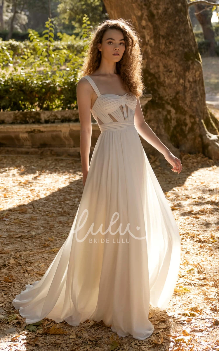 Casual Straps Sleeveless Satin Wedding Dress with Illusion Long Train