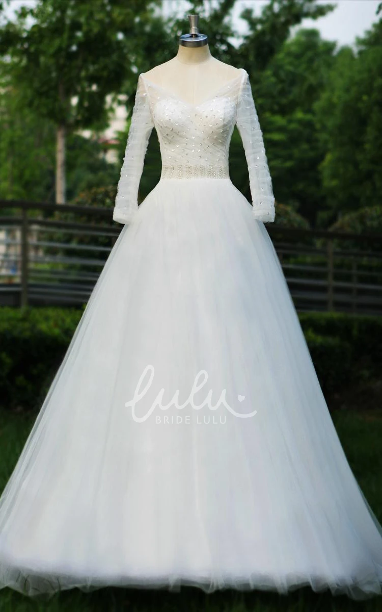 Tulle Ball Gown with V-Neck and Brush Train for Prom or Wedding