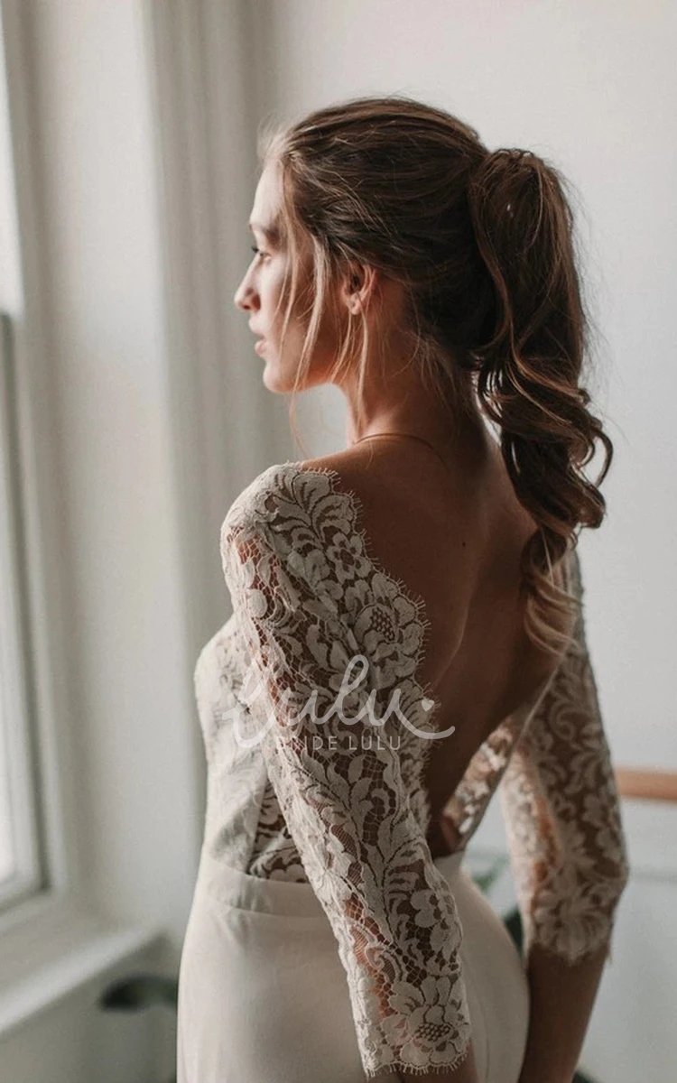 Lace & Chiffon Sheath 3/4 Sleeve Backless Wedding Dress Elegant & Romantic