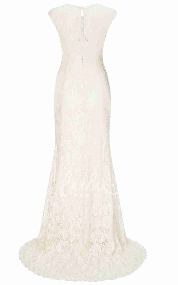 Lace Jewel-Neck Sheath Wedding Dress with Brush Train Elegant Bridal Gown