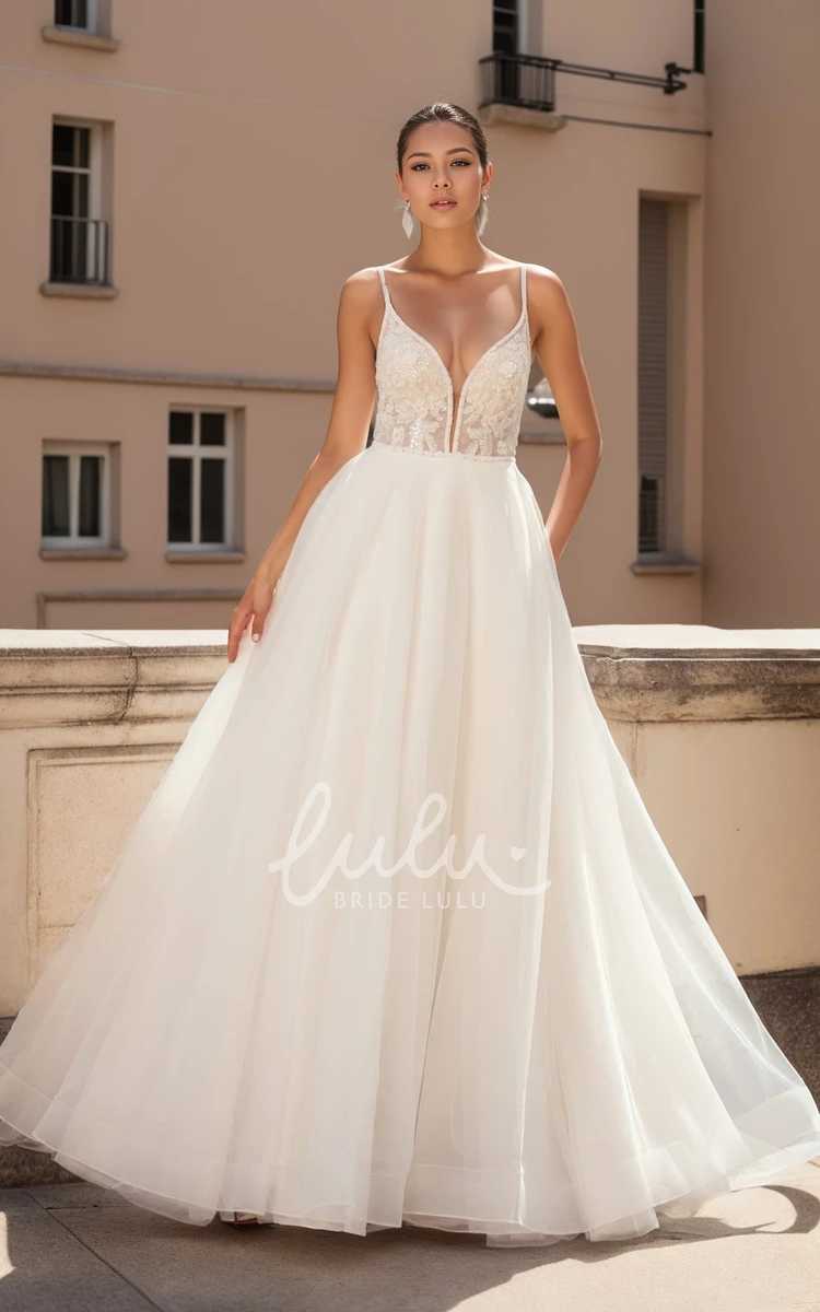 Romantic Spaghetti A-Line Tulle Wedding Dress Sexy Plunging Beading Bridal Gown