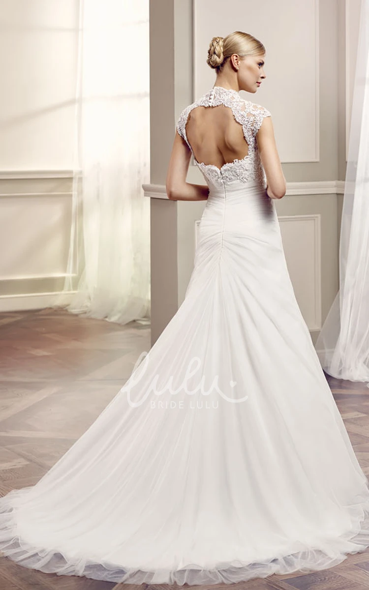 Cap-Sleeve Lace Wedding Dress with Keyhole Back A-Line Side-Draped