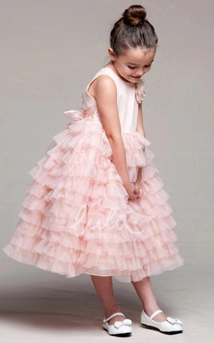 Tiered Tulle and Satin Flower Girl Dress Tea-Length Simple Women