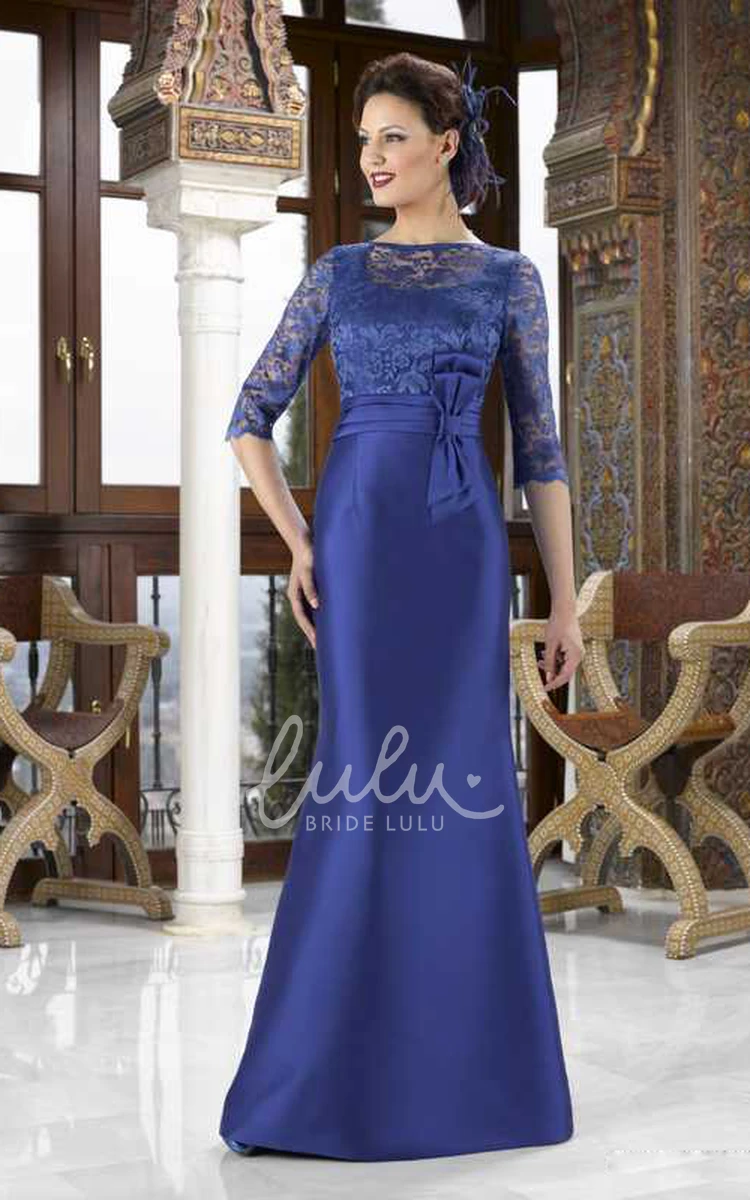 Satin Maxi Mother Of The Bride Dress with Bow 3-4 Sleeve Lace and Jewel Neck