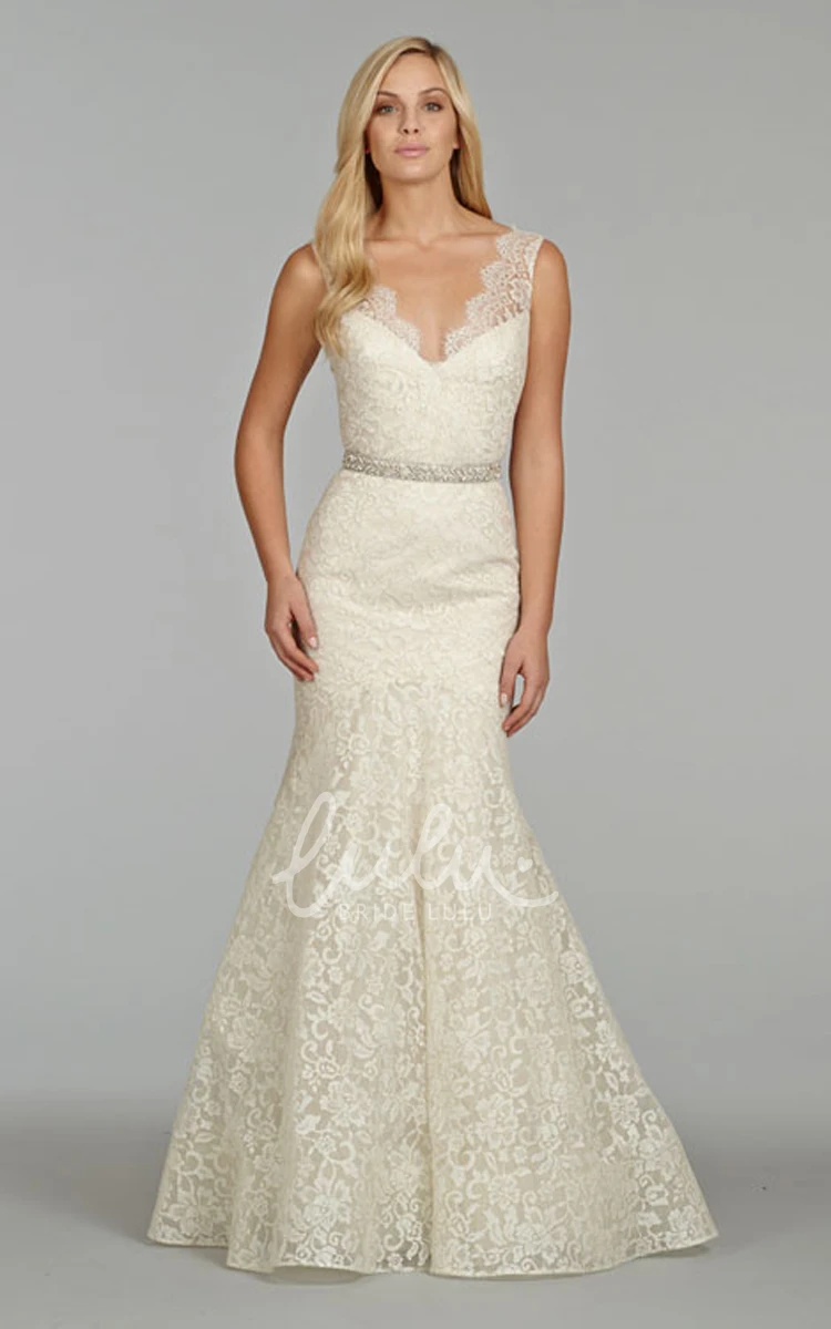 Delicate Crystal Ribbon Belt Lace Floor Length Gown with V-Neck