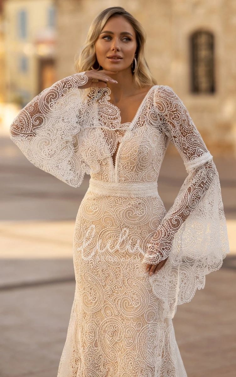 Classical Deep V Neck Wrap Lace Wedding Dress with Long Sleeve Train