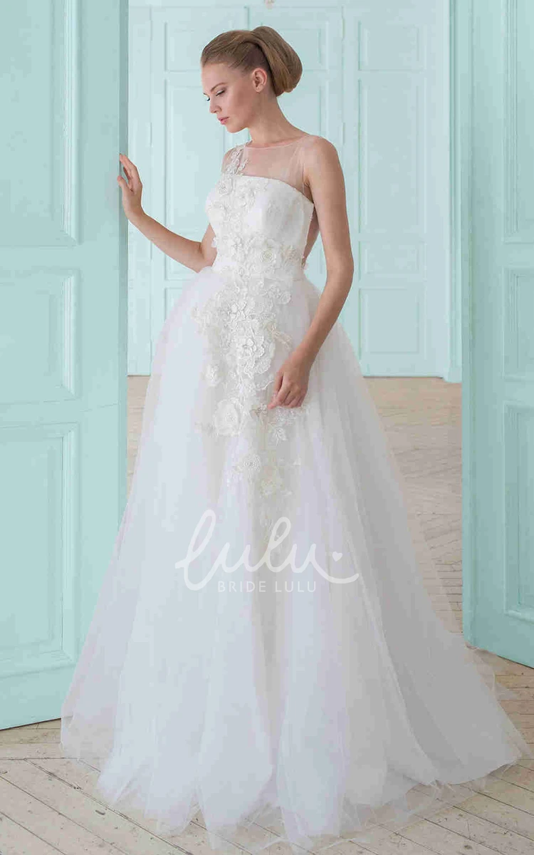 Floral A-Line Sleeveless Tulle Wedding Dress with Appliques Long Bridal Gown