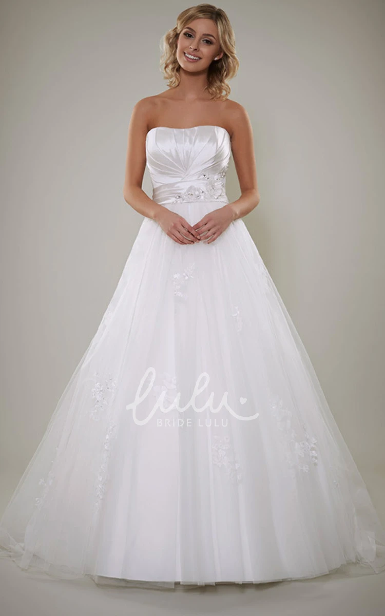 Beaded A-Line Strapless Satin Wedding Dress with Appliques and Lace-Up Back