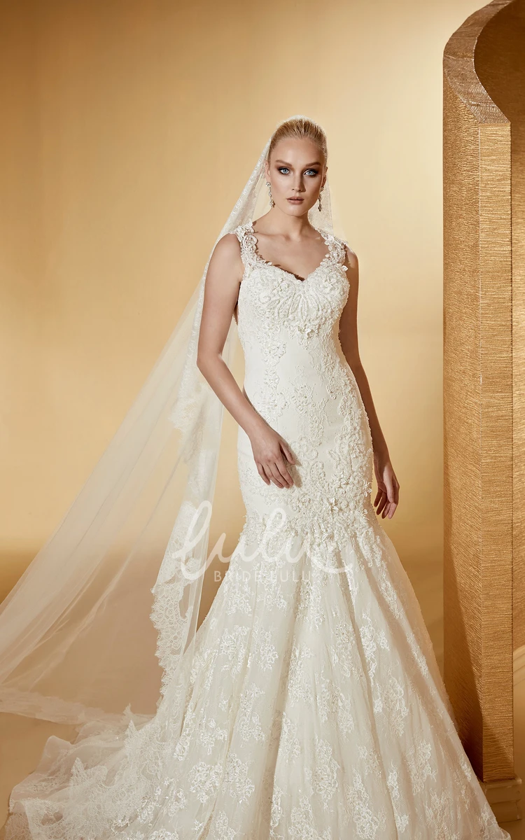 Lace Mermaid Wedding Dress with V-Neck and Straps Elegant Bridal Gown