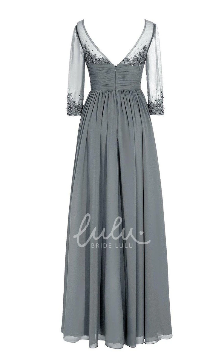V-neck Chiffon Formal Dress with Illusion Sleeves and 3/4 Sleeves