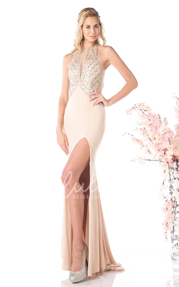 Jersey Sheath Formal Dress with Split Front Beading and Jewel-Neck