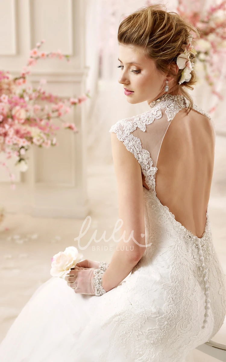 High-Neck Cap-Sleeve Mermaid Wedding Dress with Open Back and Illusive Design