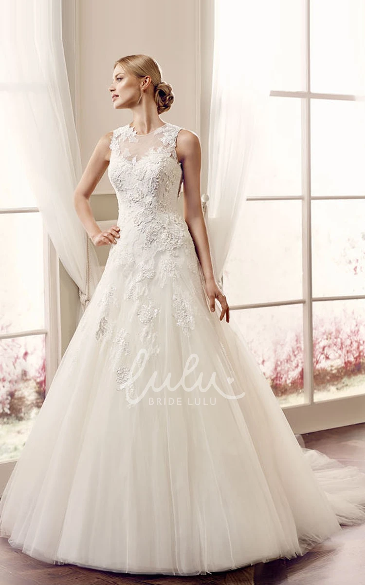 Sleeveless Jewel Lace&Tulle Ball-Gown Wedding Dress with Illusion Back and Appliques Classic Bridal Gown